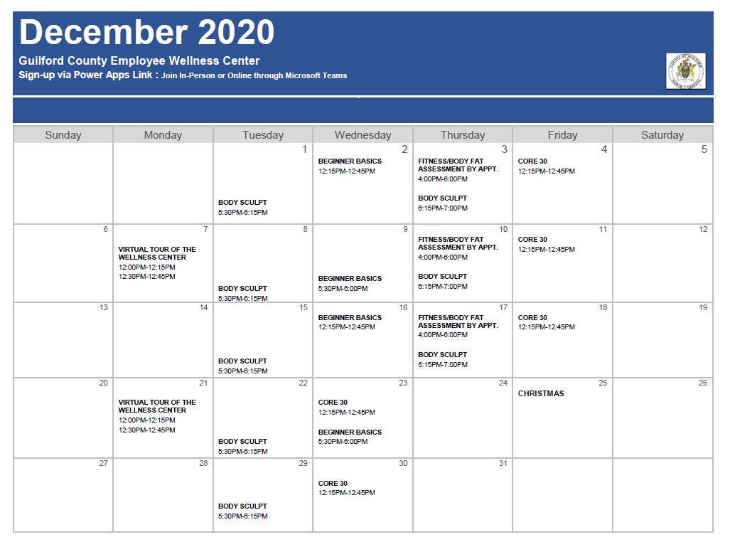 Wellness Center Gym December Schedule